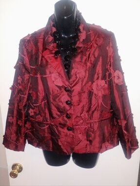 Womens Burgundy Floral Embroidered Button Jacket, Bag And Necklace Included